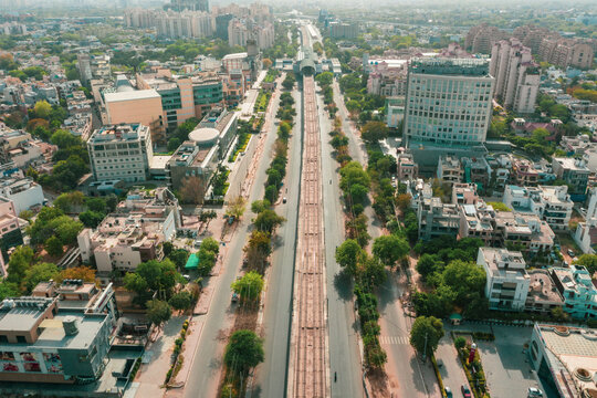 Aerial view of empty streets due to the coronavirus pandemic in Gurgaon, Haryana, India