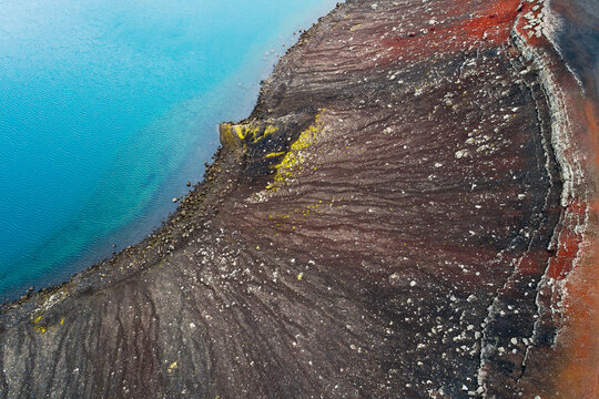 Aerial view of the edge of crater lake Blahylur, also known as Hnausapollur, Fjallabak, highlands of Iceland