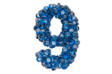 Number 9 from blue diamonds or sapphires with brilliant cut. 3D rendering