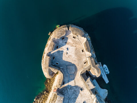 Aerial view above of St. Nicholas Fortress during sunny day, Sibenik, Croatia.