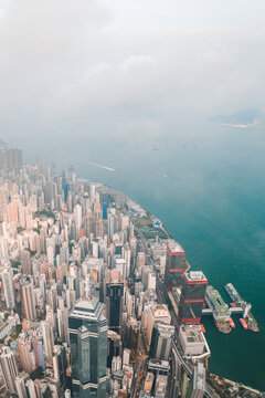 Aerial View of the morning in Hong Kong Island looking at Lamma Island, China