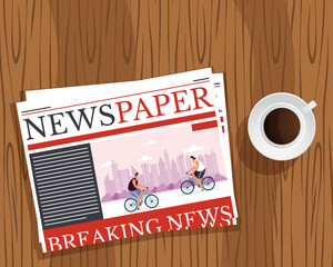 news paper communication and coffee cup in wooden background