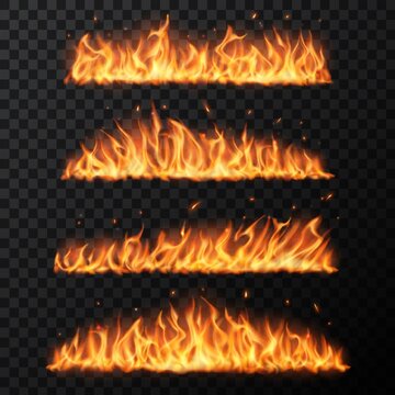 Burning fire tongues on transparent background. Realistic vector flame with particles, flying sparks. Blaze effect, glowing shining flare borders with glow embers, isolated 3d design elements set