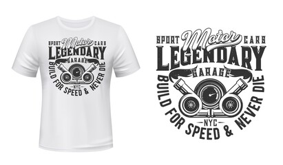 Flaming car engine turbines t-shirt vector print. Automobile combustion engine gas turbine and speedometer illustration and typography. Sport cars tuning garage apparel custom design print mockup