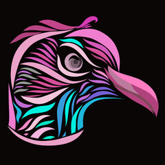 bird head with a strict look, pattern on a black background