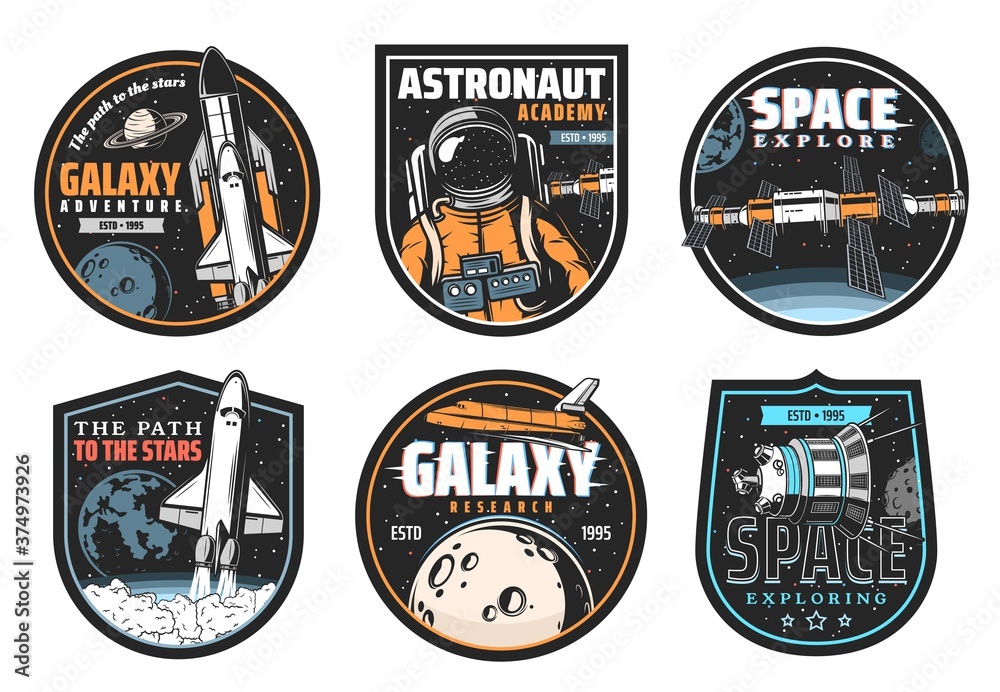Poster galaxy research, space explore and astronaut mission icons. shuttle launch vehicle and orbiter flyin