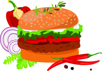 A large delicious Burger with a background of sweet and hot chili peppers, spices, onion rings and herbs. Vector drawing for menu design, posters, labels, stickers.