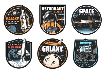 Galaxy research, space explore and astronaut mission icons. Shuttle launch vehicle and orbiter flying in galaxy, satellite or telescope discovering planets and stars, space station module vector badge © Vector Tradition
