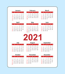 Vertical Pocket Calendar 2021 year. Week starts from Sunday. Vector template calendar for business on light background.