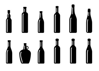 Big Set of silhouette wine bottles. Vector isolated on white background.