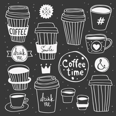 Vector Coffee time set. Plastic and paper coffee and tea cups. Coffee to go. Take away. Drink me and Smile lettering. Good for cafe and bakery menu design elements, display window, t-shirt print