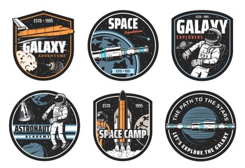Galaxy explorer, space travel and astronaut academy icons. Shuttle spaceship, space station on Earth orbit and astronaut in weightlessness, launching rocket and solar system planets vector emblem © Vector Tradition
