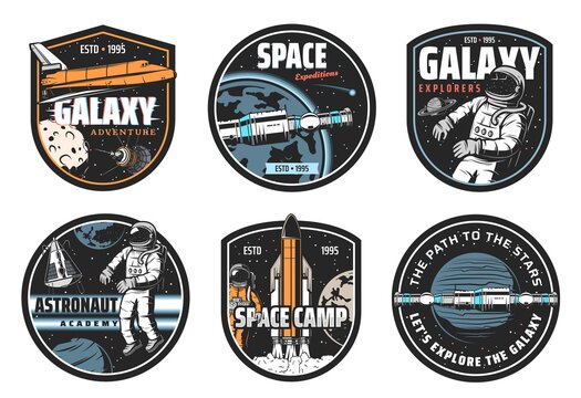Galaxy explorer, space travel and astronaut academy icons. Shuttle spaceship, space station on Earth orbit and astronaut in weightlessness, launching rocket and solar system planets vector emblem