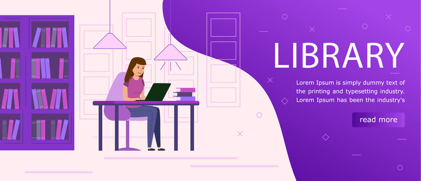 Landing page template. Young Woman Sitting in Library and learning. against the background of the library room with bookcases. Vector illustration in modern flat design.