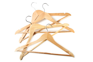 Wooden hangers isolated on white background