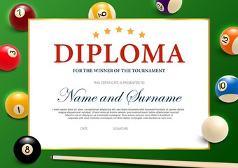 Diploma for the winner of billiard tournament, certificate vector template with cue and balls on green cloth. Award border design, diploma for participation in snooker game, competition achievement