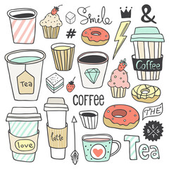 Vector hand drawn coffee and sweets collection. Paper coffee and tea cups, donuts, cupcakes, cute elements. Use for menu design, web page background, poster, birthday card, surface texture