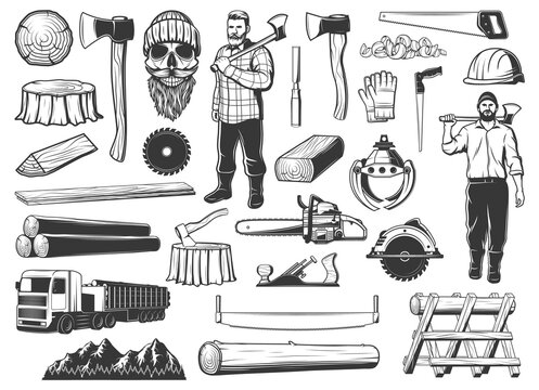 Lumberjack, lumbering and logging wood icons, lumber and forestry industry, vector. Lumberjack logger woodwork man skull beard in hat, woodcutter axe, saw and logging machine, tree logs and stumps
