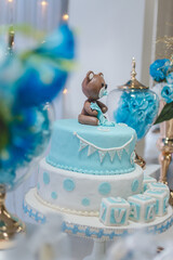baby shower boy cake, teddy bear doll on top