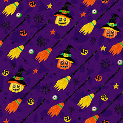 Seamless halloween pattern with flying broom, pumpkins and witch hats