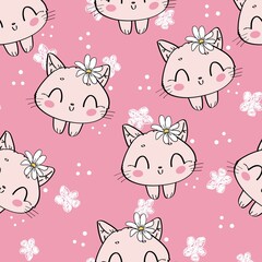 Seamless pattern cute cat and flowers on a pink background childish print textile vector