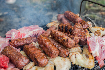 Grilled Meat , summer picnic , cooking food outdoor