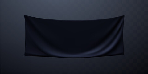 Black textile advertising banner mockup. Vector 3d illustration. Hanging wrinkled fabric. Stretched canvas. Folded sheet. Template for placing ad