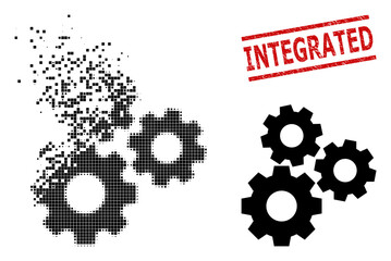 Gear mechanism icon in dispersed, dotted halftone style and Integrated corroded seal. Pieces are combined into vector dispersed gear mechanism icon.