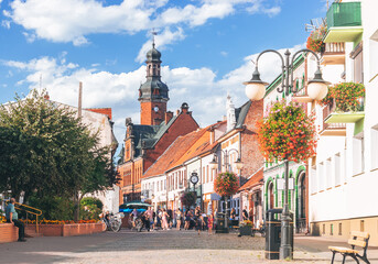 Summer day on the central street of Drezdenko city in Poland