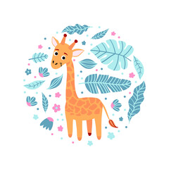 Kid print with giraffe and leaves in a round shape. Cute pajama design. Children's background for clothes, T-shirt with print, room interior, invitation card, packaging. Vector illustration