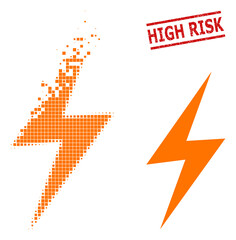 Electric spark icon in dispersed, dotted halftone style and High Risk grunge stamp print. Pieces are arranged into vector dispersed electric spark icon.