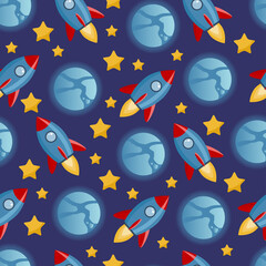 Childish seamless pattern with rockets, planets and stars on deep blue background. Vector illustration for baby things. Space background for kids. 