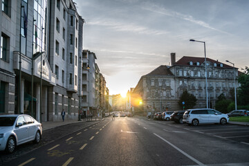 Fototapeta na wymiar Sunset on Budapest street.