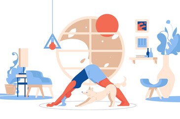 Woman doing yoga with dog. Interior concept scene in vibrant blue and orange colors.