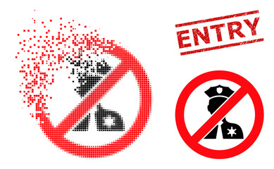 No entry police icon in dispersed, dotted halftone style and Entry textured stamp print. Particles are combined into vector dispersed no entry police figure.