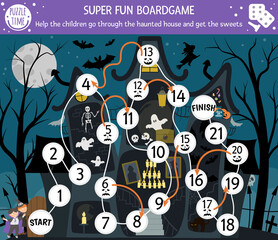 Halloween board game for children with haunted house and cute children. Educational boardgame with bat, skeleton, ghost. Help the children go through the spooky cottage printable activity. .