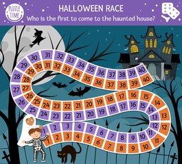 Halloween board game for children with spooky castle and cute children. Educational boardgame with bats, black cat, witch. Who is the first to come to the haunted house? Scary printable activity. .