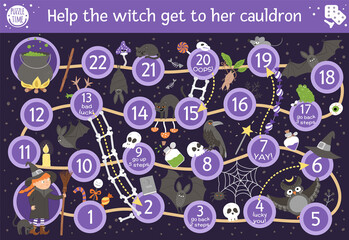 Halloween board game for children with cute witch and scary animals. Educational boardgame with bat, broom, black cat, spider. Help the witch get to her cauldron. Funny printable activity. .