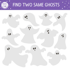 Find two same ghosts. Halloween matching activity for children. Funny educational autumn logical quiz worksheet for kids. Simple printable game with scary spooks.