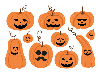 Set of vector jack-o-lanterns. Halloween party illustration with funny pumpkin lanterns. Scary design for Autumn Samhain party. All saints day elements collection..