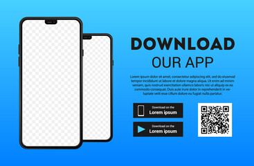 Download page of the mobile app mock up. Empty screen smartphone for you app. Download buttons. Vector illustration. - obrazy, fototapety, plakaty