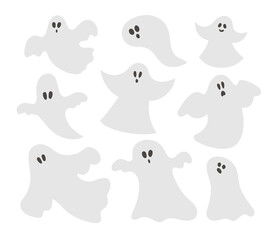 Set of vector ghosts. Halloween party illustration with funny spooks. Scary design for Autumn Samhain party. All saints day elements collection. .