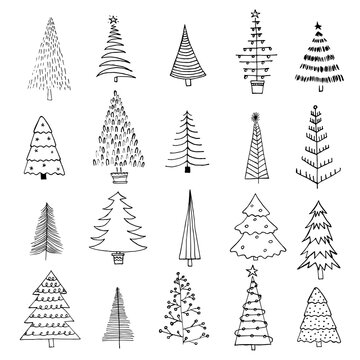 Collection of 20 different Christmas trees. Black liner rough hand drawing. New Year fir-trees decoration doodle sketch. Can be used  for fabric, phone case and wrapping paper. .