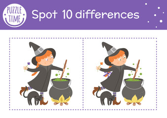 Halloween find differences game for children. Autumn educational activity with funny witch, cauldron and black cat. Printable worksheet with smiling character. Cute all saints day scene.