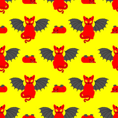 Devil cat pattern seamless. Satan pet background. Red demon animal texture. vector ornament