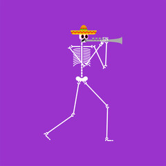 Skeleton and trumpet. Dead man with musical instrument. Dead music band. Skull in sombrero. Day of dead in mexico.