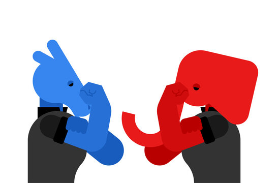 Elephant and Donkey versus. Democrat and Republican battle. Political patriotic vs. Red and blue fight