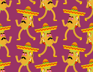 Cartoon taco in sombrero pattern seamless.  Mexican fast food in hat background. tacos texture