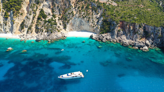 Aerial drone photo of beautiful paradise beach of Afales and white beach in beautiful Ionian island of Ithaki or Ithaca, Greece