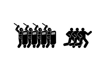 Riot police and protesters. Sign Street protests. Preventing overthrow of state power. Demonstration, protesting symbol